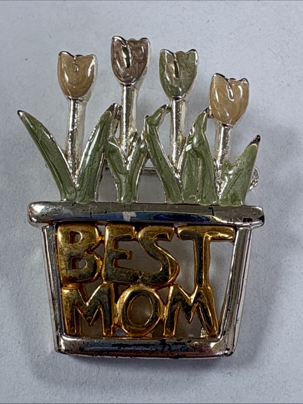 Best Mom Tulip Pot Brooch - Gold & Green Enamel